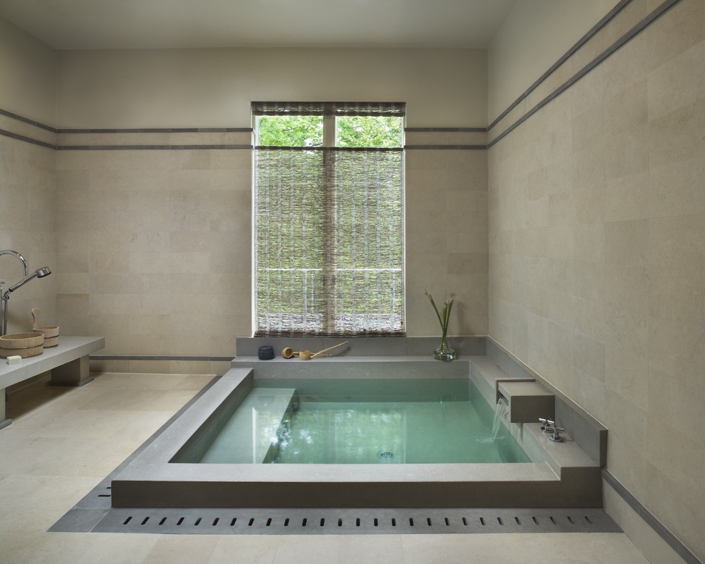 Japanese Soaking Tub Outdoor Bathroom Contemporary with Beige Walls Casement Windows