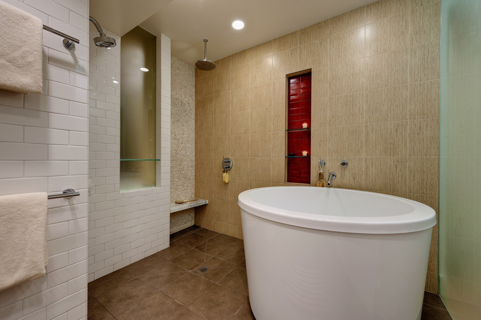 Japanese Soaking Tub Outdoor Bathroom Contemporary with Brown Floor Drain Freestanding
