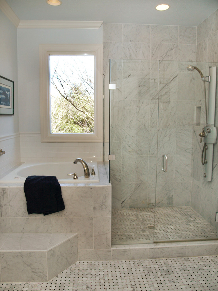 Japanese Soaking Tub Outdoor Bathroom Traditional with Basketweave Carrera Tile Ceiling
