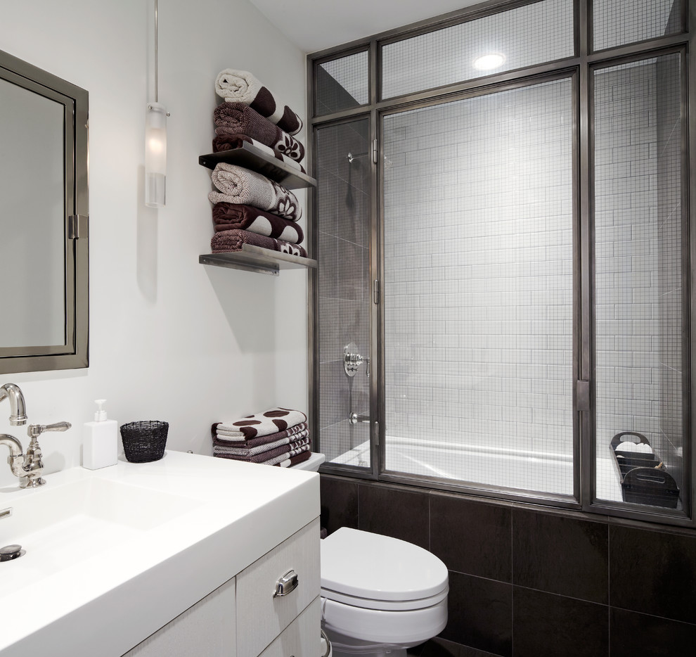 Japanese Style Tub Bathroom Contemporary with Floating Shelves Glass Gray