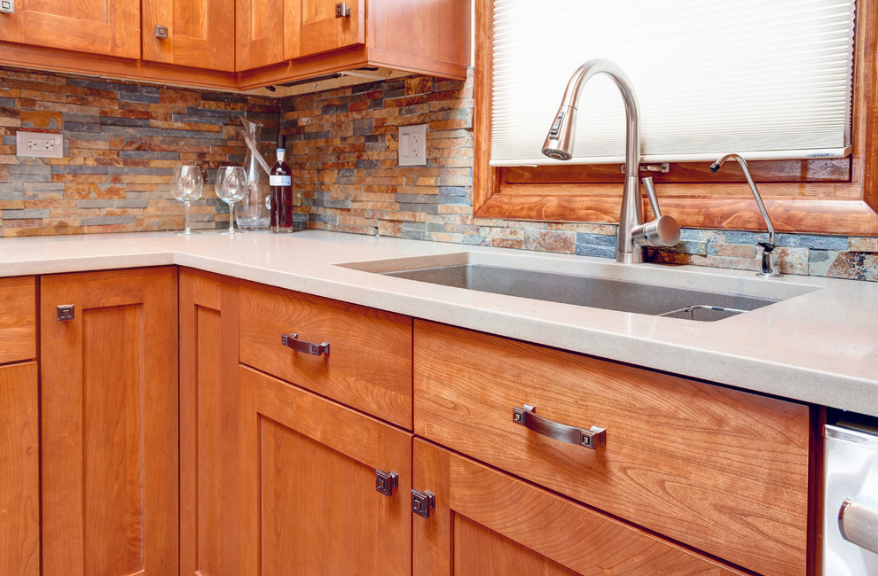 Jeffrey Alexander Pulls Kitchen Craftsman with Banquette Cherry Pendant Chandelier