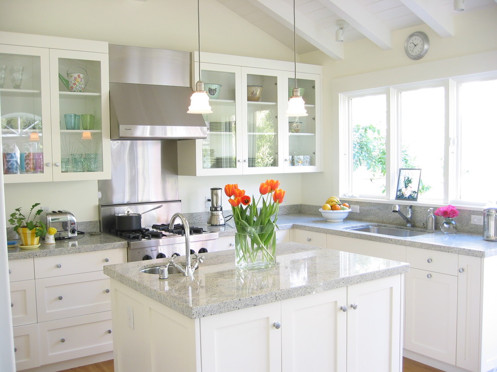 Kashmir White Granite Countertops Kitchen Contemporary with Cabinetry 