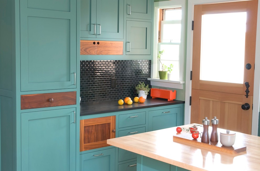 Kitchen and Bathroom Kitchen Contemporary with Aqua Cabinets Black Countertop