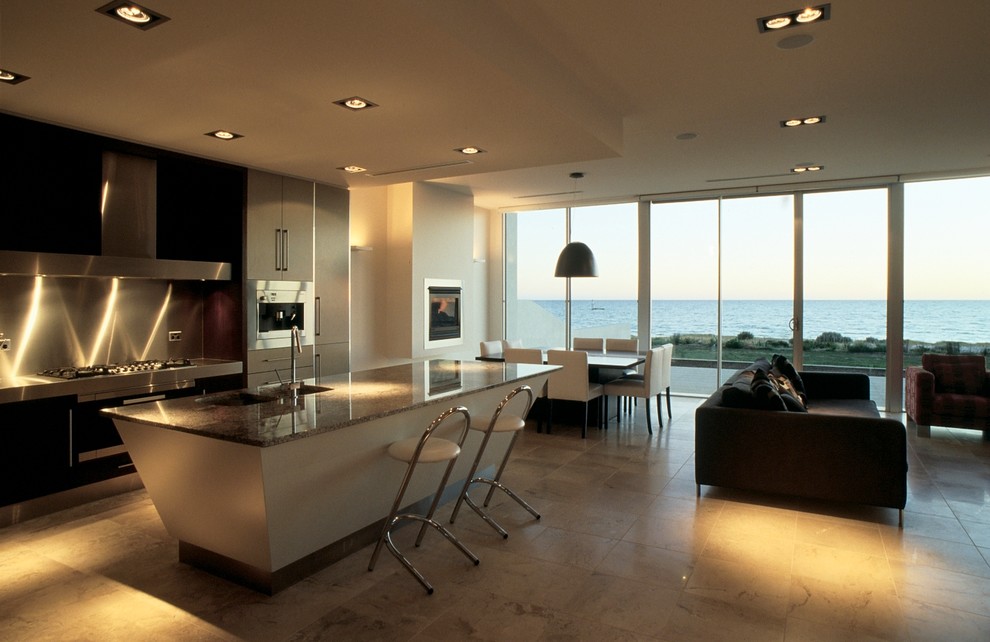 Kitchen Base Cabinets Kitchen Contemporary with Beige Stone Floor Black