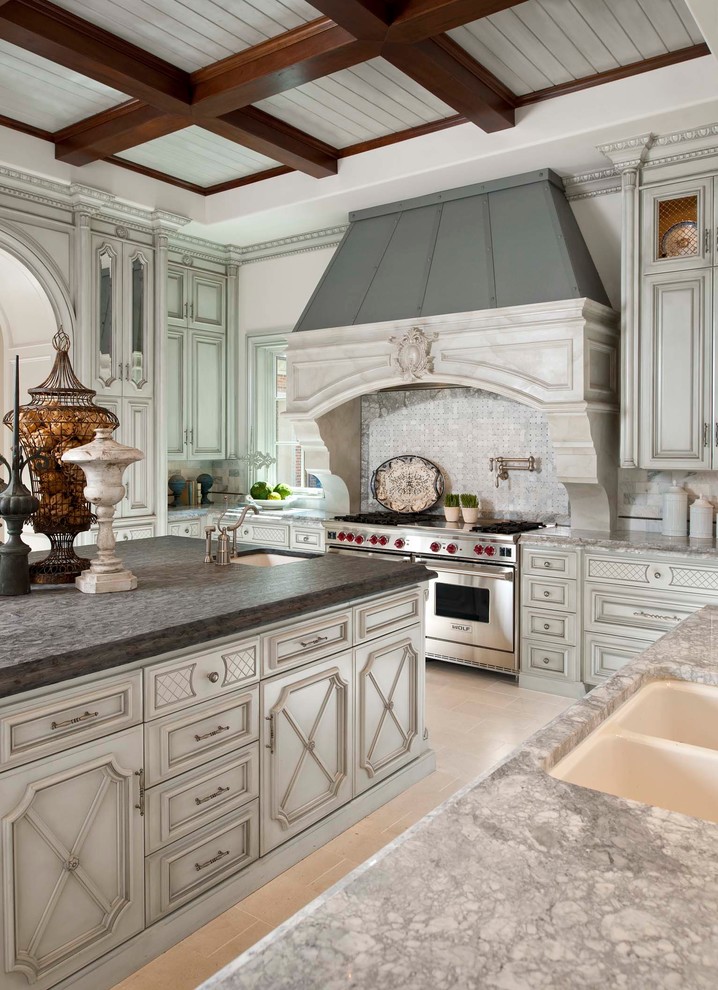 kitchen cabinet designs Kitchen Mediterranean with arched opening beamed ceiling