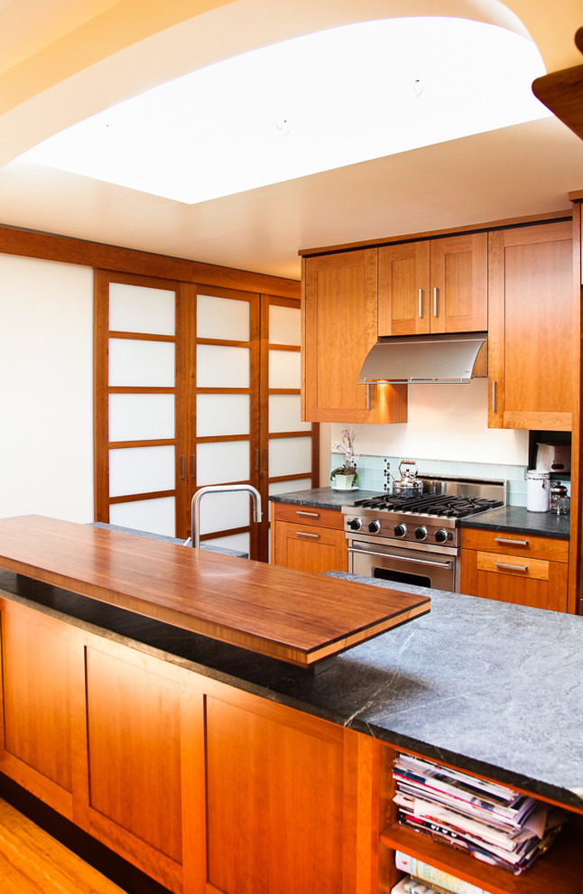 Kitchen Cherry Cabinets Kitchen Asian with Black Counters Built in Shelves