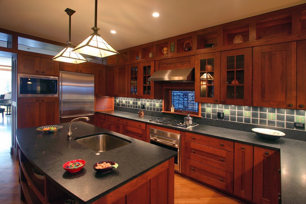 Kitchen Cherry Cabinets Kitchen Craftsman with Ceiling Lighting Craftsman Style
