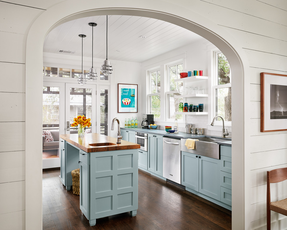 Kitchen Prep Sink Kitchen Farmhouse with Arched Doorway Floating Shelves