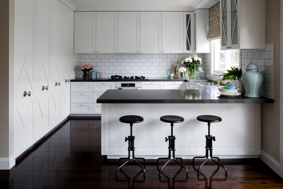 Kitchen Subway Tile Backsplash Kitchen Transitional with Black Counters Counter Stools