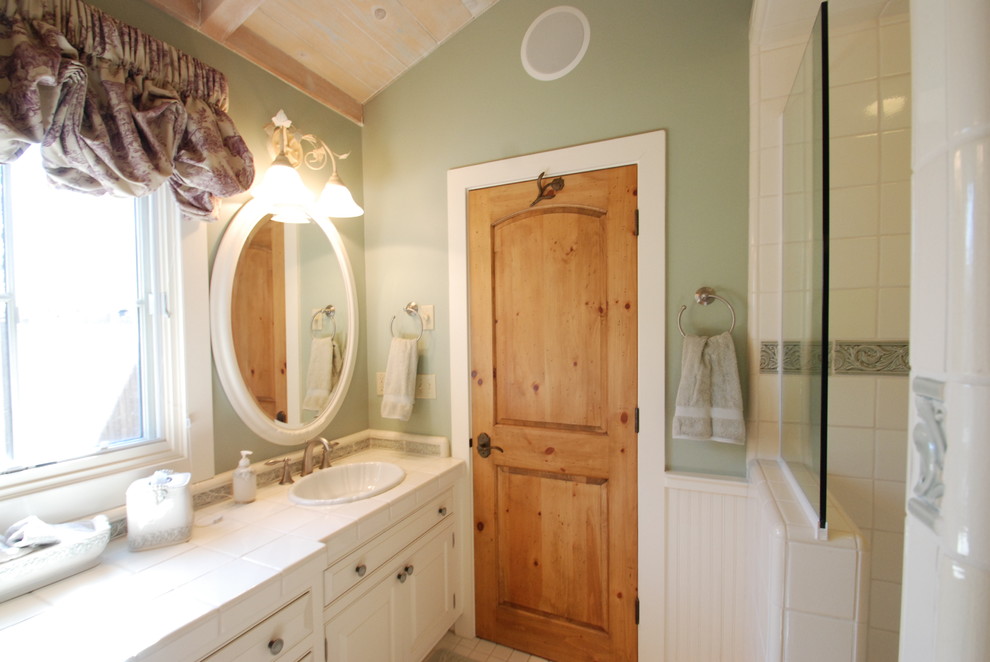 knotty alder doors Bathroom Traditional with cottage style tile countertop