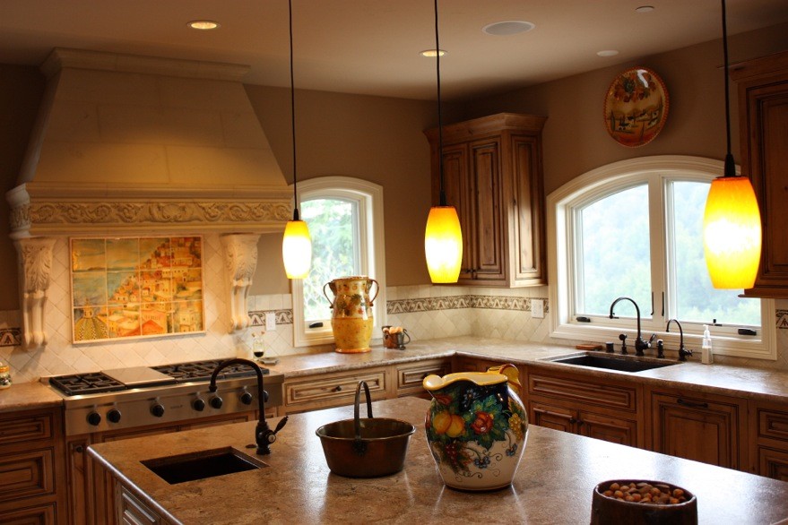 Knotty Pine Kitchen Kitchen Mediterranean with Back Splash Cabinetry Granite