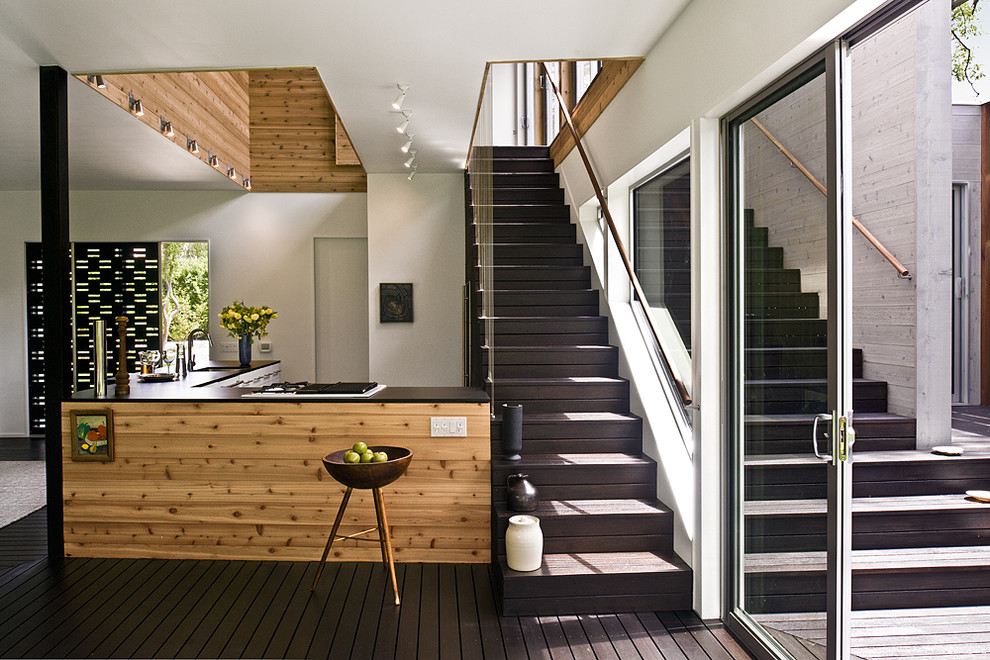 Knotty Pine Kitchen Kitchen Modern with Ceiling Lighting Dark Floor