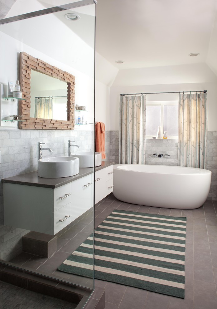 Knotty Pine Walls Bathroom Eclectic with Above Counter Sink Gray1
