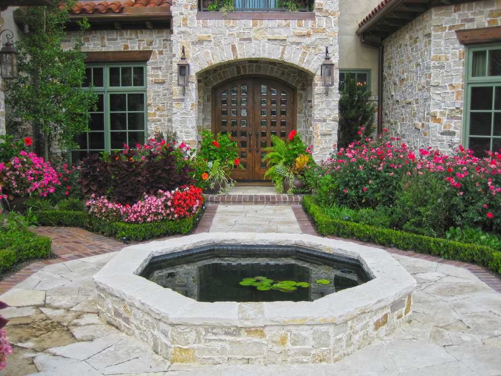 Koi Pond Design Landscape Traditional with Arched Doors Balcony Boxwood