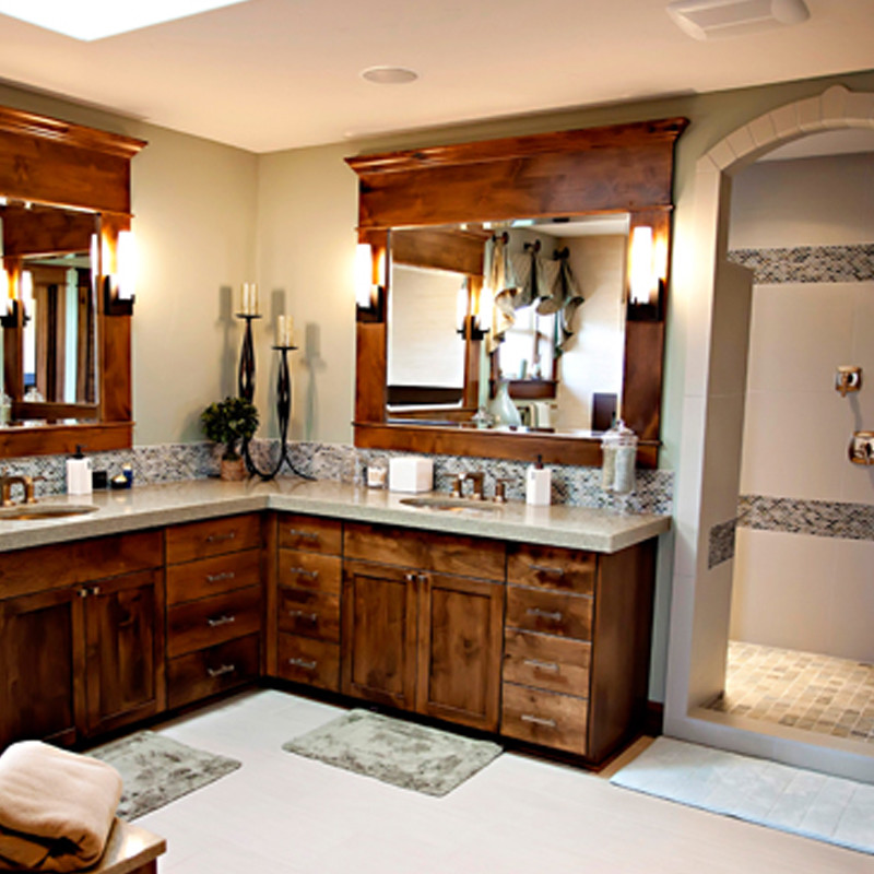 L Shaped Bathroom Vanity Bathroom Traditional with Blue and Brown Bronze