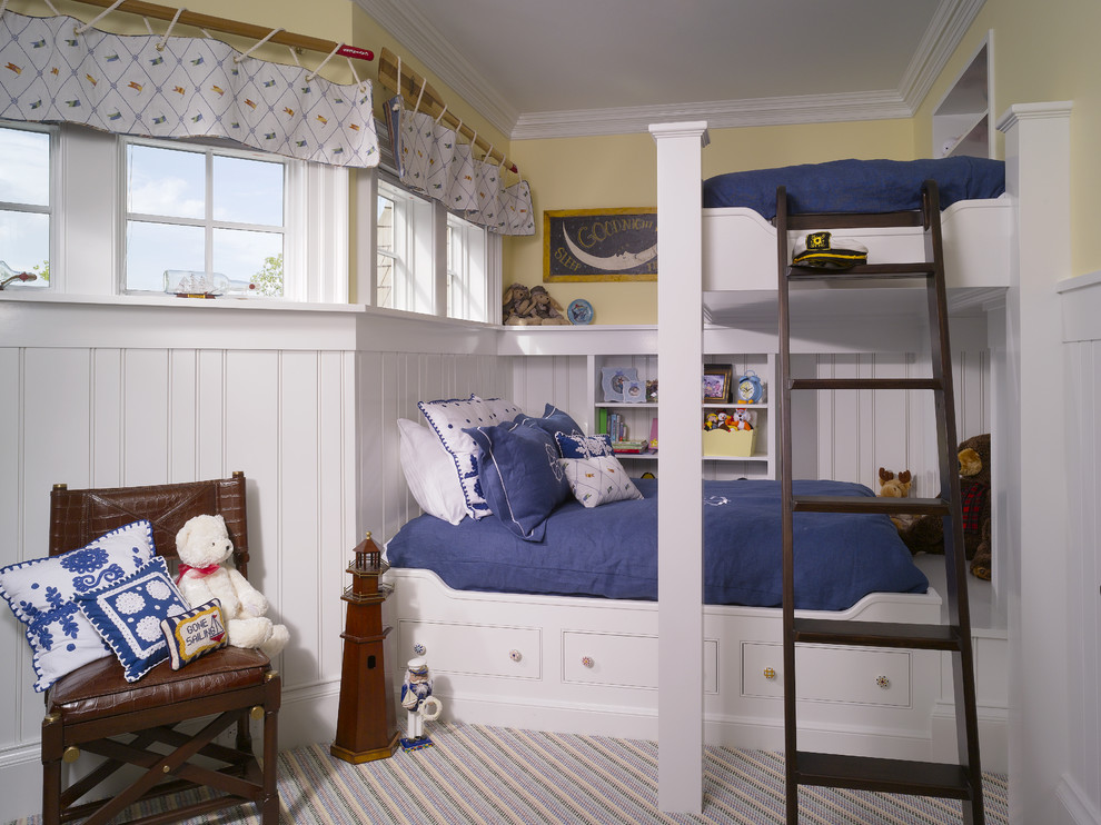 L Shaped Beds Kids Traditional with Blue Bedding Built In