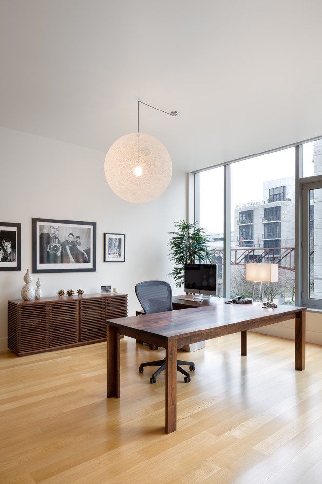 L Shaped Desk Home Office Contemporary with Black and White Photography