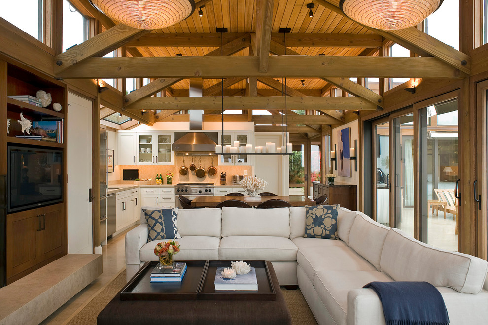 L Shaped Sofa Living Room Beach with Cabin Cathedral Ceiling Clerestory