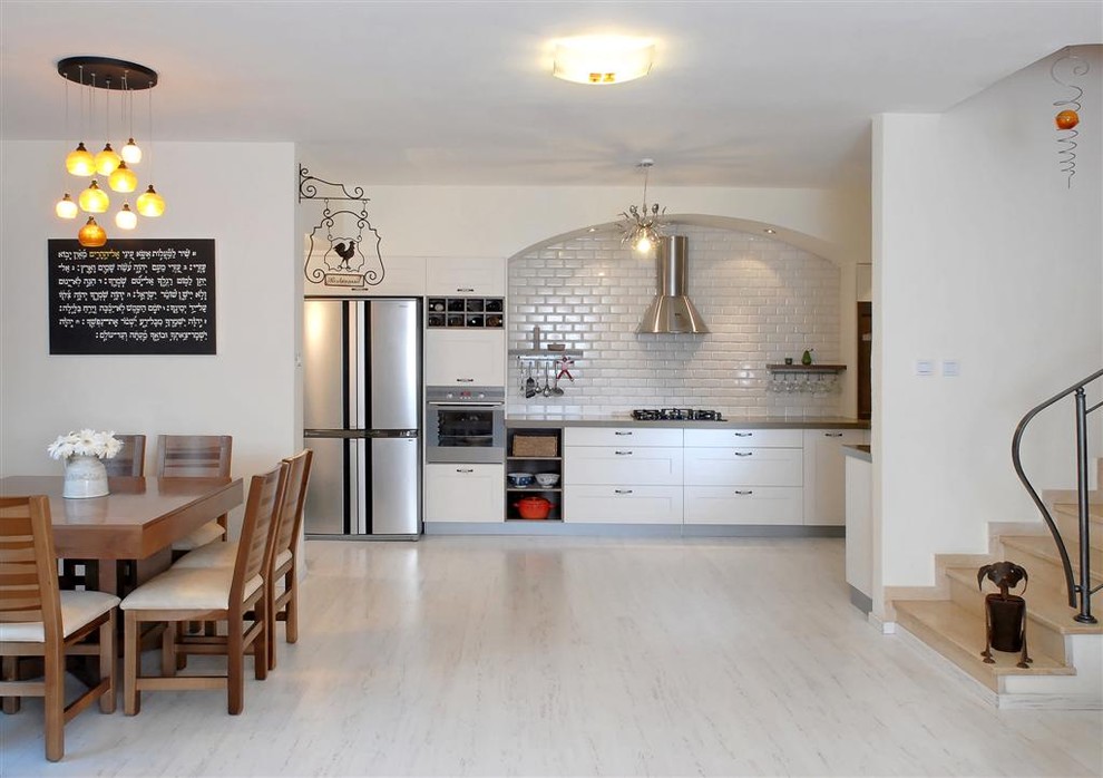 Laminate Flooring Ideas Kitchen Contemporary with Backsplash Chairs Eat in Kitchen