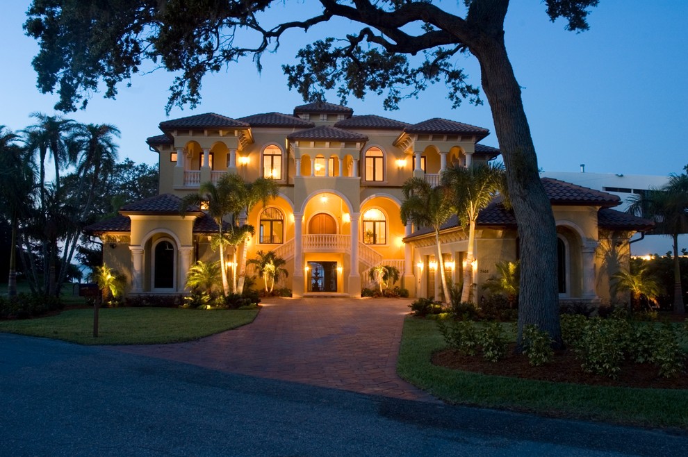 Landscaping with Palm Trees Exterior Mediterranean with Balcony Bark Mulch Columns
