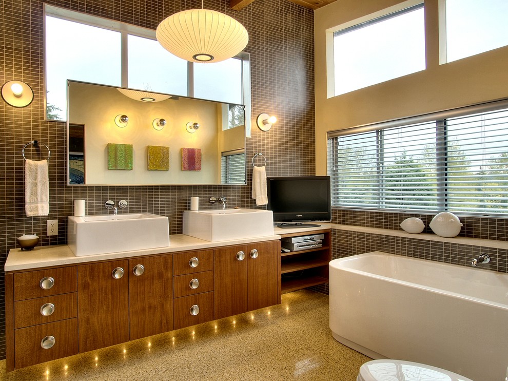Large Bathroom Sink Bathroom Midcentury with Above Counter Sinks Blinds