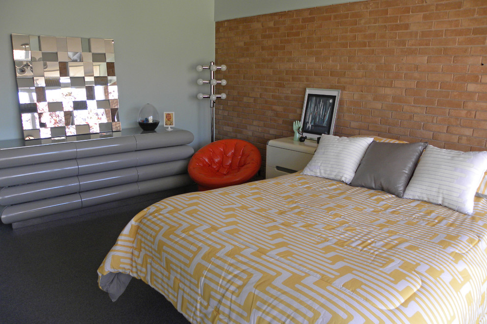 Large Glass Windows Bedroom Midcentury with 1950s Art Bed Brick