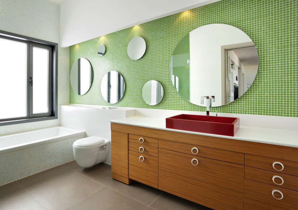 Large Oval Mirror Bathroom Contemporary with Brown Tile Backsplash Floating