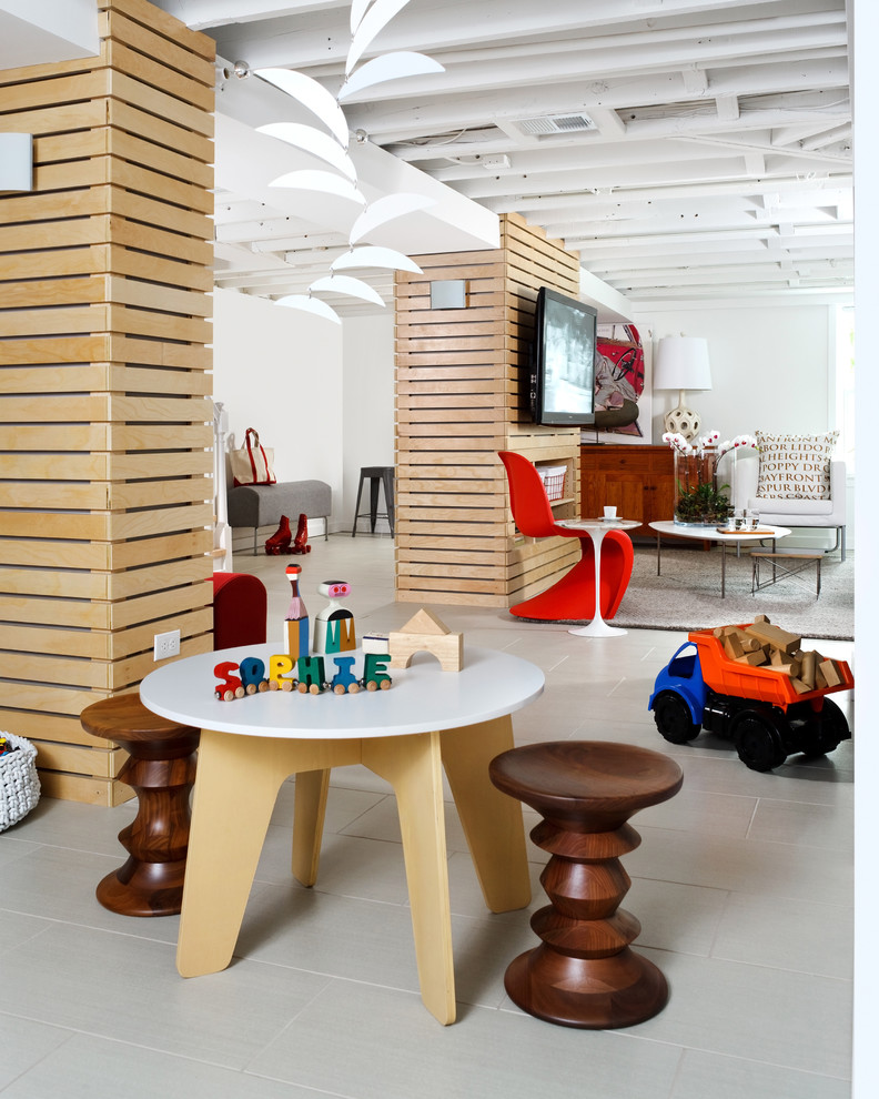 Large Porcelain Tile Basement Contemporary with Accent Color Basement Bench