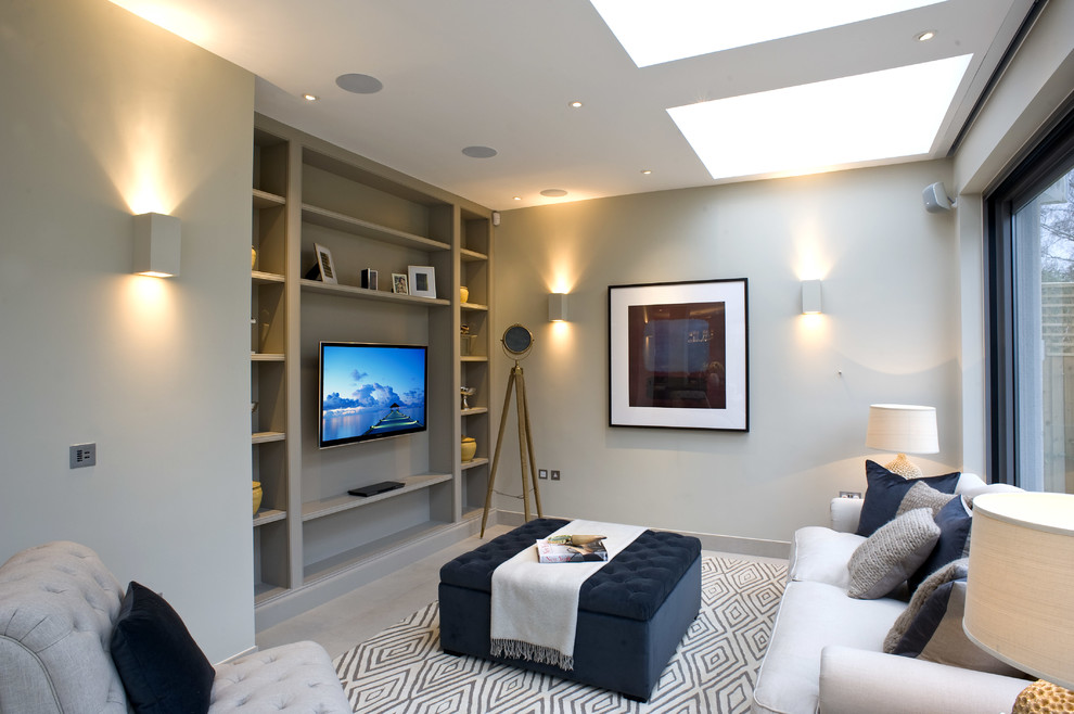 Large Square Ottoman Family Room Transitional with Area Rug Audio Visuals