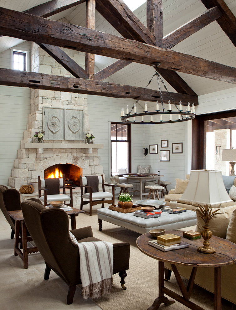 Large Square Ottoman Living Room Farmhouse with Clerestory Windows Exposed Beams