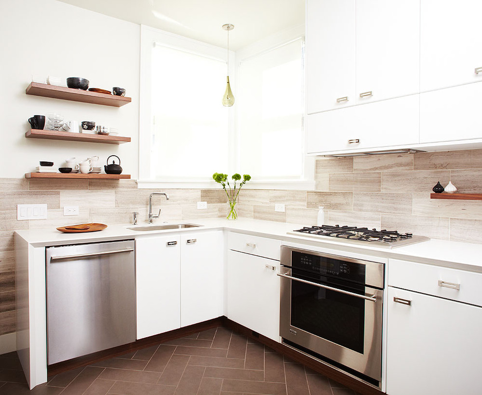 Large Tile Backsplash Kitchen Contemporary with Bellmont Bevel Brown Caesarstone