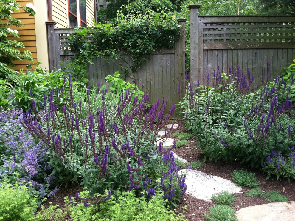 Lattice Fence Designs Landscape Traditional with Bushes Mulch Purple Flowers