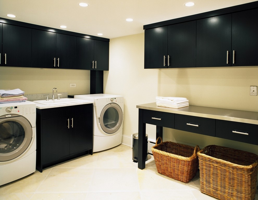 Laundry Folding Table Laundry Room Contemporary with Black Cabinets Ceiling Lighting