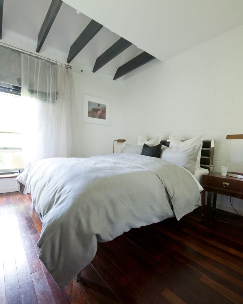 Layered Window Treatments Bedroom Contemporary with Beam Bed Dark Wood
