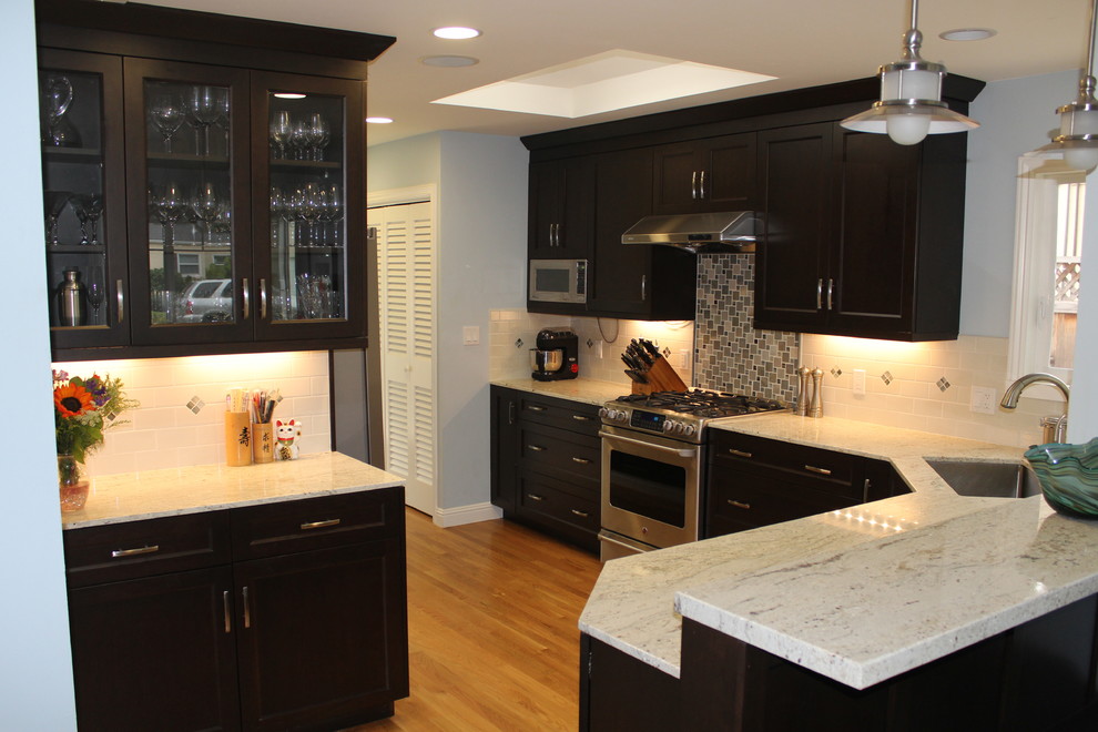 Layered Window Treatments Kitchen Traditional with Bamboo Flooring Bar Height
