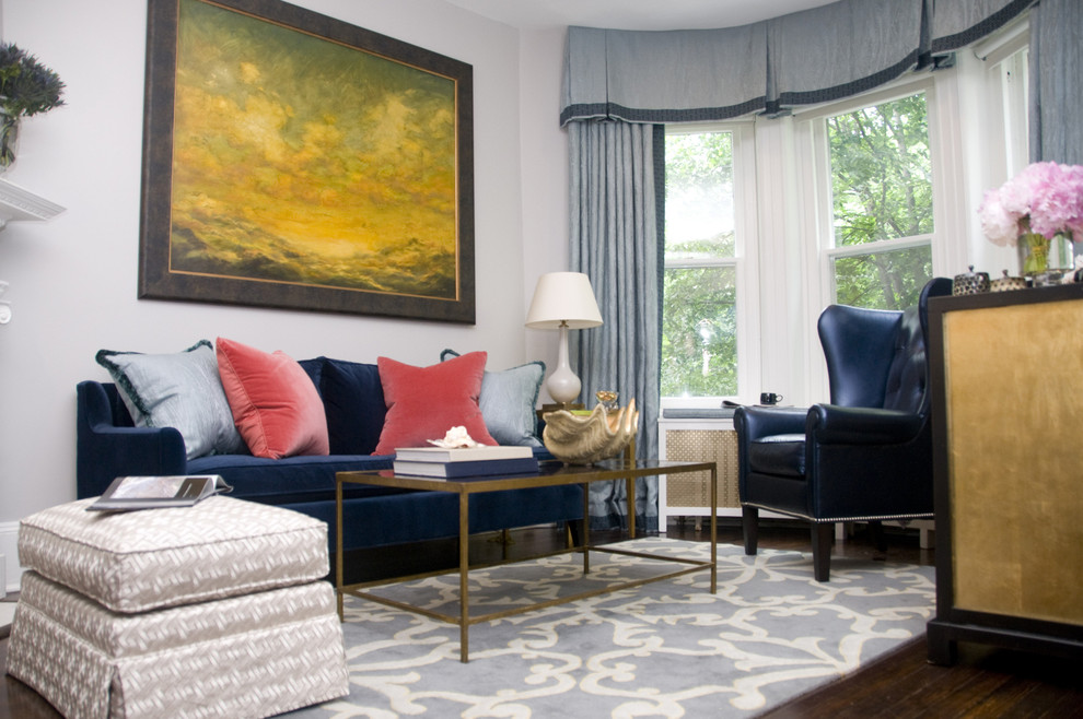 Layered Window Treatments Living Room Transitional with Artwork Bay Window Blue