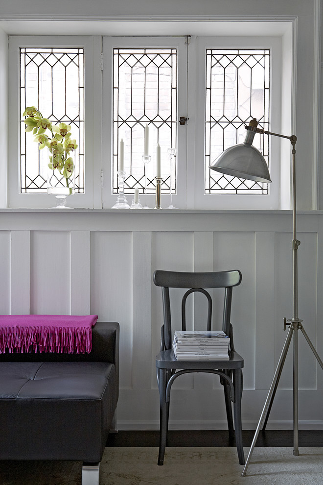 Leaded Glass Windows Living Room Contemporary with Bench Seat Black Leather