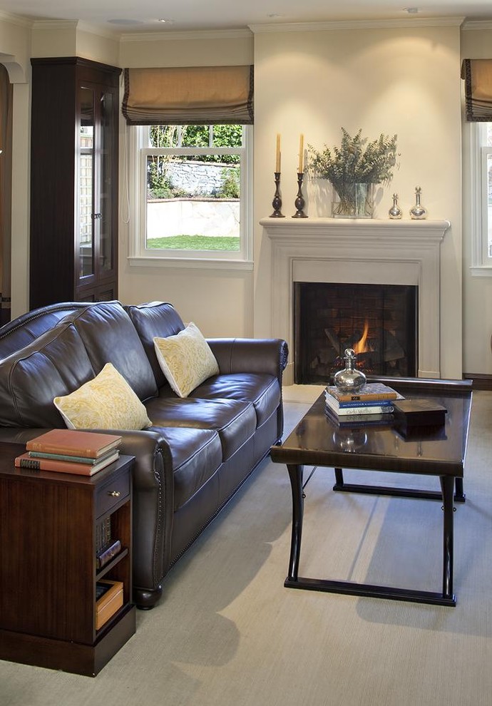 Leather and Cloth Sofas Living Room Traditional with Candles Candlesticks Ceiling Lighting