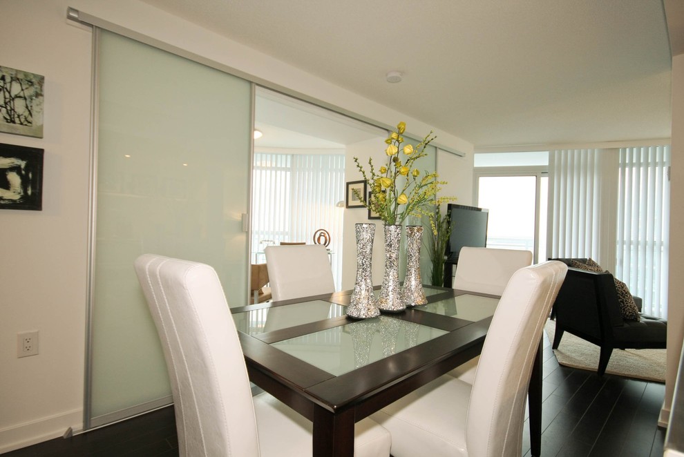 Leather Parson Chairs Dining Room Contemporary with Dark Wood Floors Frosted