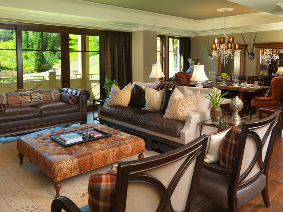 Leather Tufted Ottoman Living Room Traditional with Antlers Area Rug Balcony
