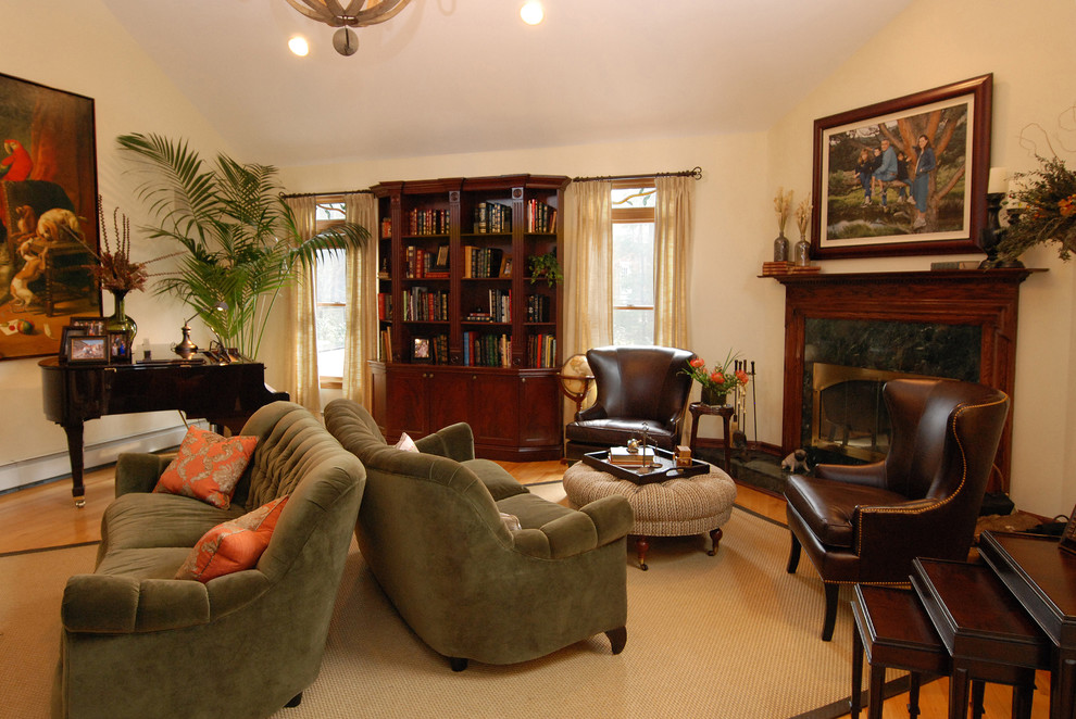 Leather Wingback Chair Family Room Traditional with Area Rug Bookcase Bookshelves