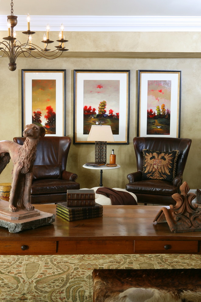 Leather Wingback Chair Home Office Traditional with Area Rug Chandelier Crown