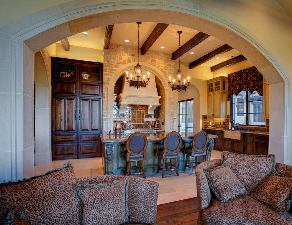 Leopard Print Sofa Kitchen Mediterranean with Arch Chandelier Eat In