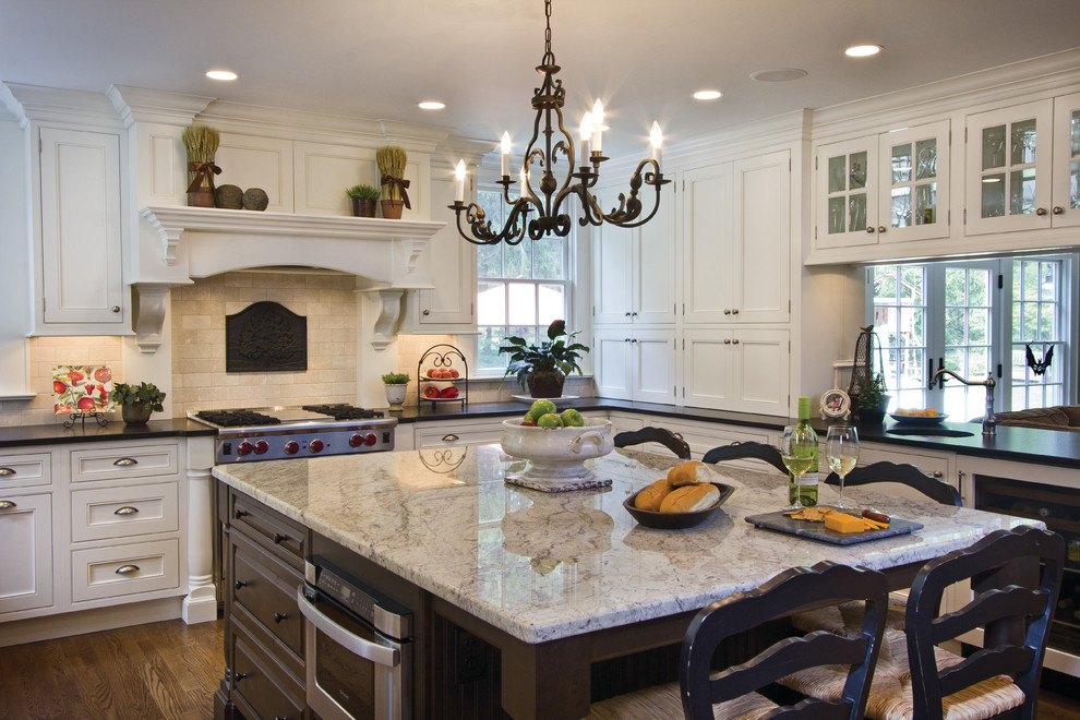Light Color Granite Kitchen Traditional with Breakfast Bar Chandelier Crown