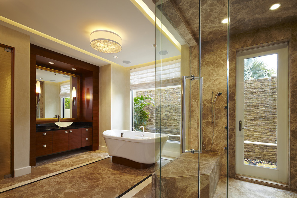 Light Emperador Marble Bathroom Contemporary with Built in Vanity Cascading