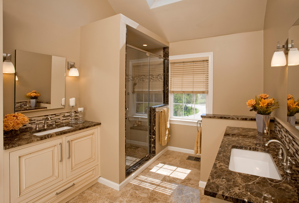 Light Emperador Marble Bathroom Traditional with Accent Mosaic Bathroom Mirror
