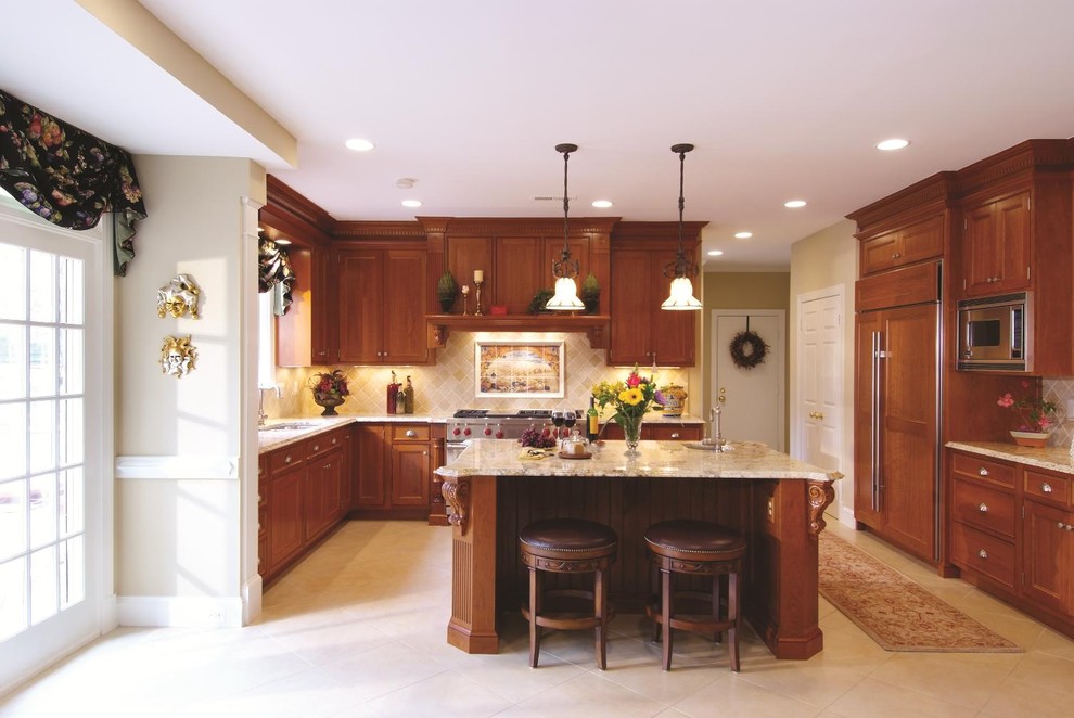 Light Granite Countertops Kitchen Traditional with Beadboard Breakfast Bar Cabinet