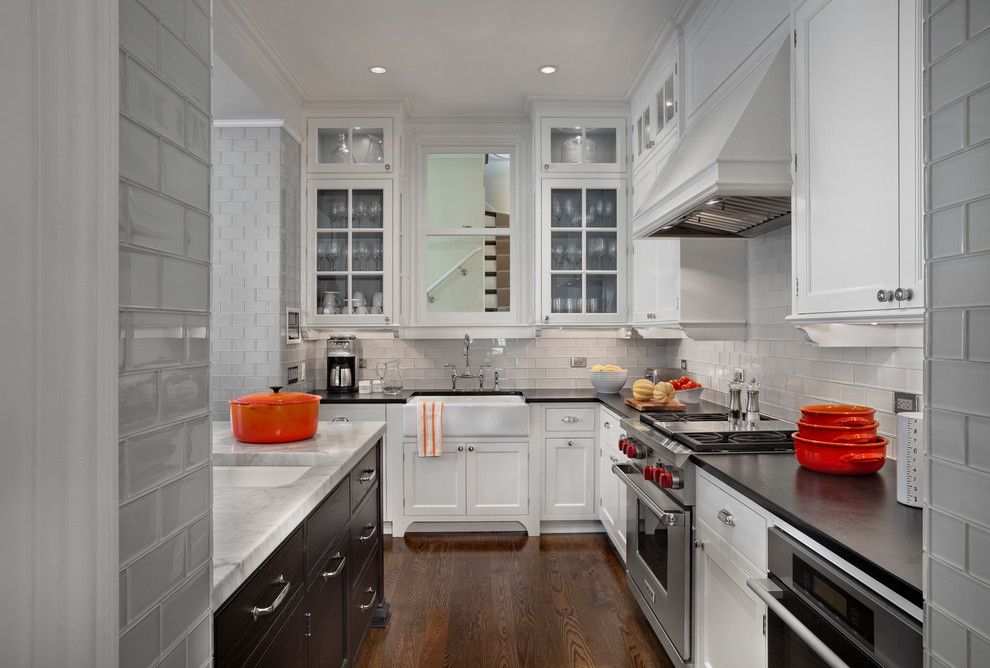 Light Grey Subway Tile Kitchen Transitional with Bin Pulls Black Countertops