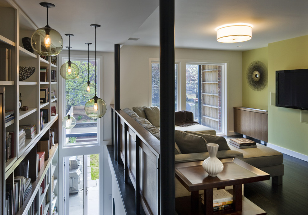 Lights Over Kitchen Island Family Room Contemporary with Accent Wall Bookcase Bookshelves