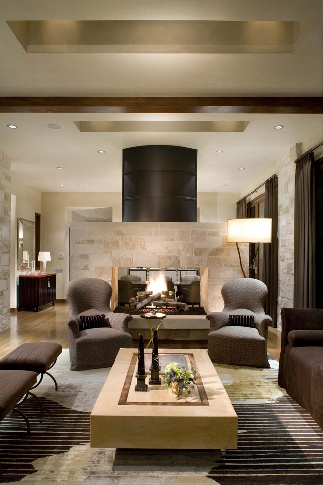 Limestone Fireplace Surrounds Living Room Midcentury with Atomic Ranch Cantilevered Coffee